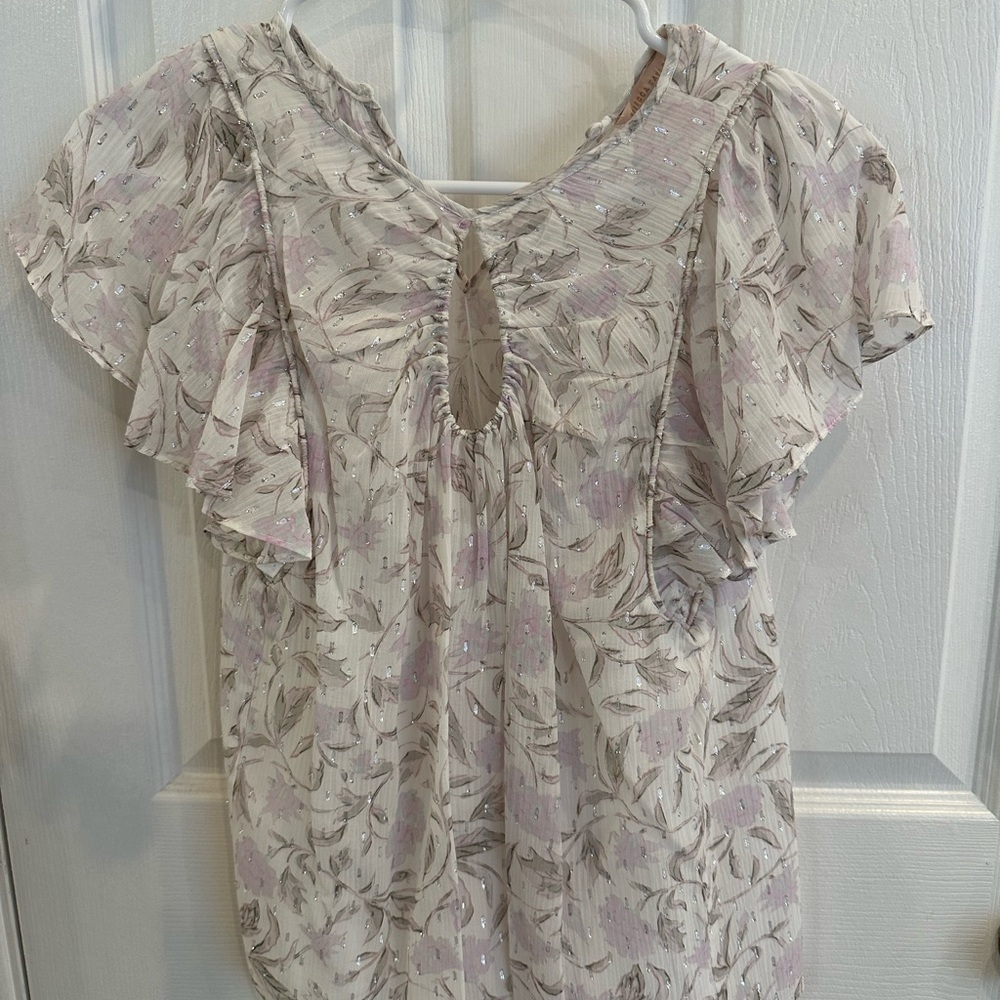 Rebecca Taylor Silk Lurex Metallic Pink and Cream Leaf Print Blouse